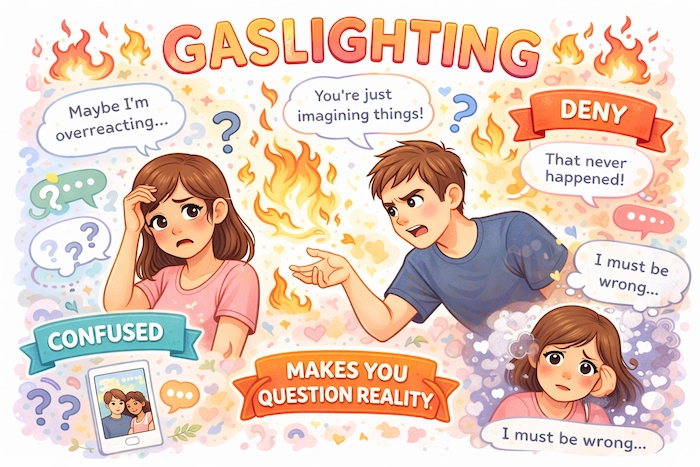 An illustration showing a confused person being manipulated by someone who denies their feelings and memories, representing the harmful behavior of gaslighting.